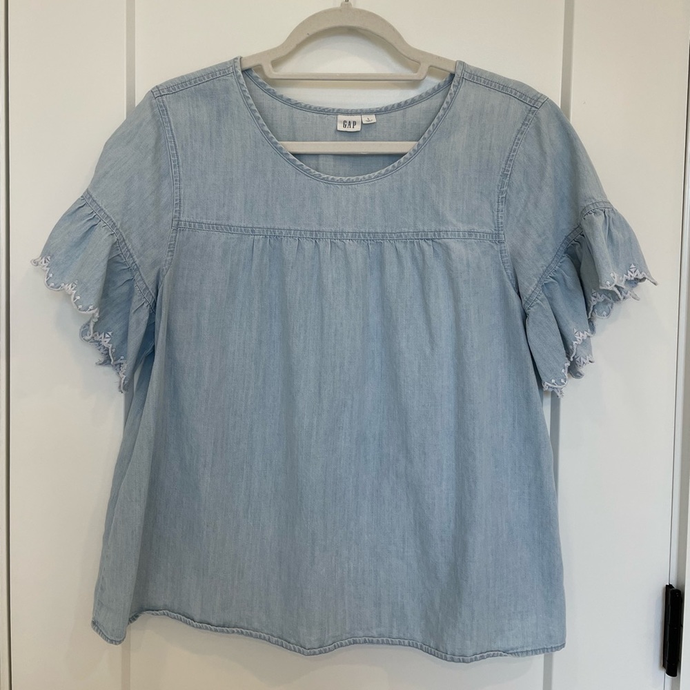 Gap Chambray Ruffle Sleeve Top with Lace